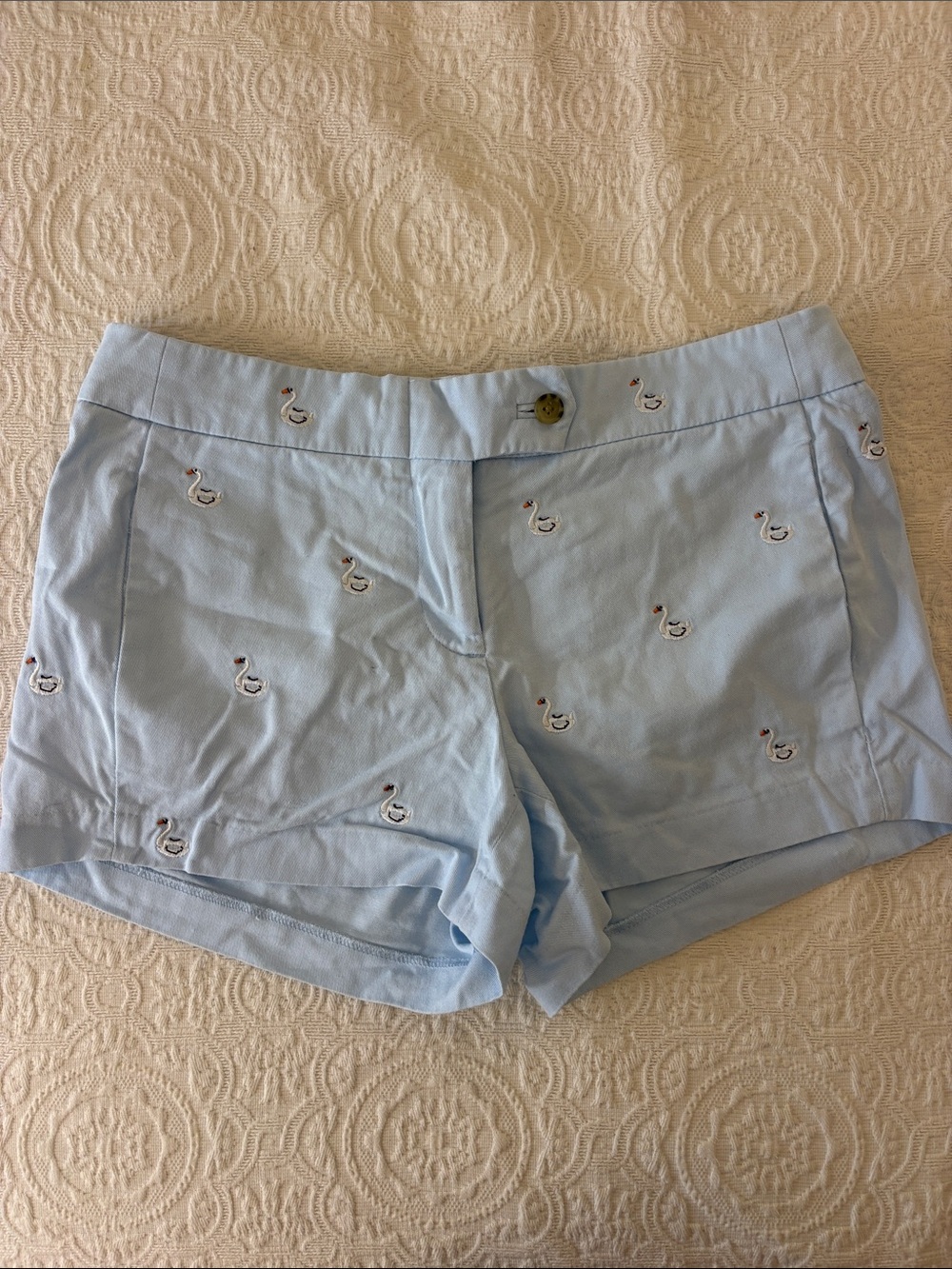 J. Crew Light Blue Embroidered Swan Float 100% Cotton Chino Shorts
